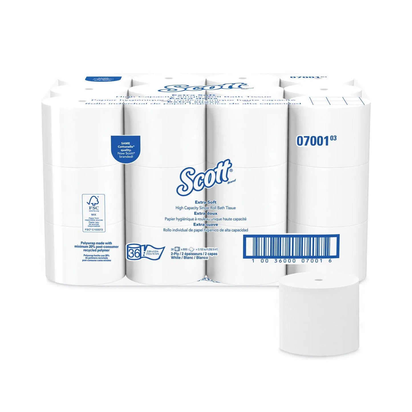 KCC07001 Essential Extra Soft Coreless Standard Roll Bath Tissue, Septic Safe, 2-Ply, White, 800 Sheets/roll, 36 Rolls/carton Scott