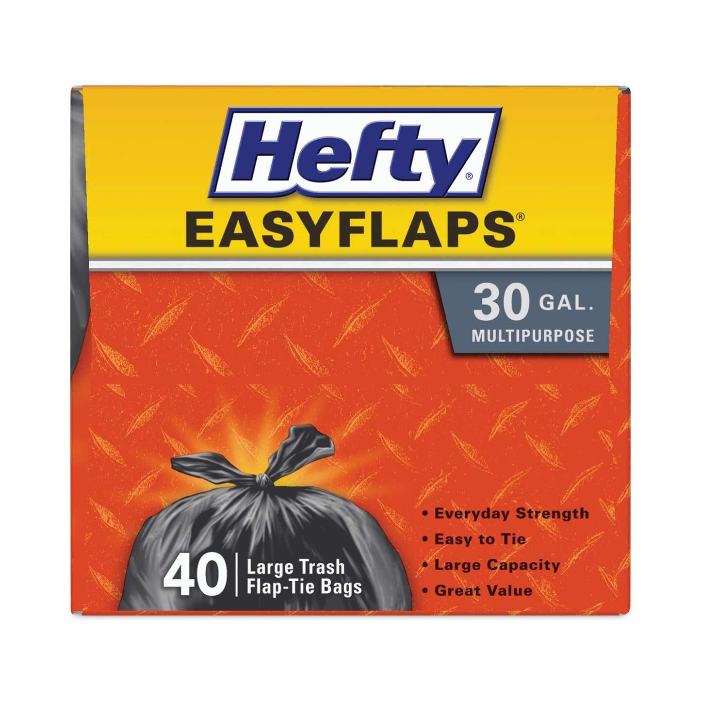 RFPE27744CT Easy Flaps Trash Bags, Tie-Flap, 30 gal, 0.85 mil, 30" x 33", Black, 40 Bags/Box, 6 Boxes/Carton