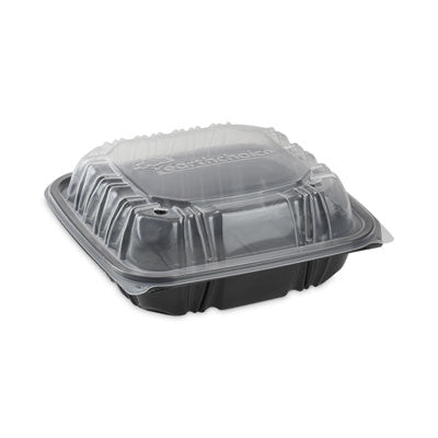 PCTDC858100B000 EarthChoice Vented Dual Color Microwavable Hinged Lid Container, 38 oz, 8.5 x 8.5 x 3, Black/Clear, Plastic, 150/Carton