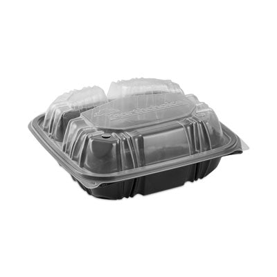PCTDC858330B000 EarthChoice Vented Dual Color Microwavable Hinged Lid Container, 3 Compartments, 33 oz, Black/Clear, Plastic, 150/Carton