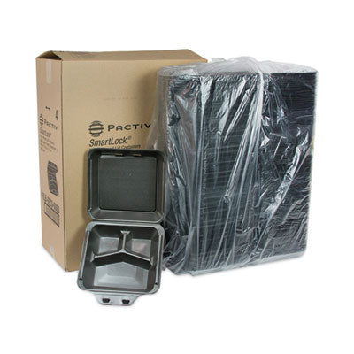 PCTYHLB09030000 SmartLock Foam Hinged Lid Container, Large, 3 Compartments, 9 x 9.5 x 3.3, Black, 150/Carton PACTIV EVERGREEN CORPORATION