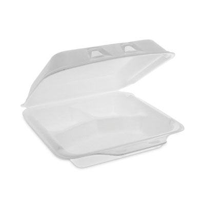 PCTYHLW07030000 SmartLock Foam Hinged Lid Container, Small, 3 Compartments, 7.5 x 8 x 2.63, White, 150/Carton PACTIV EVERGREEN CORPORATION