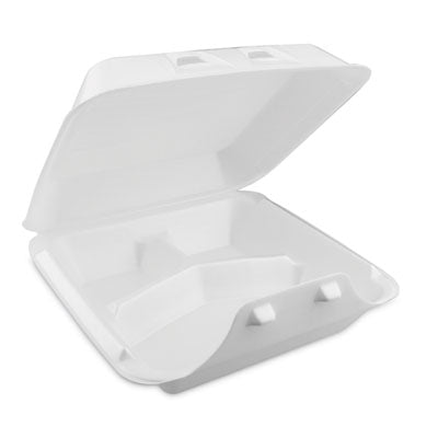 PCTYHLW09030000 SmartLock Foam Hinged Lid Container, Large, 3 Compartments, 9 x 9.25 x 3.25, White, 150/Carton PACTIV EVERGREEN CORPORATION