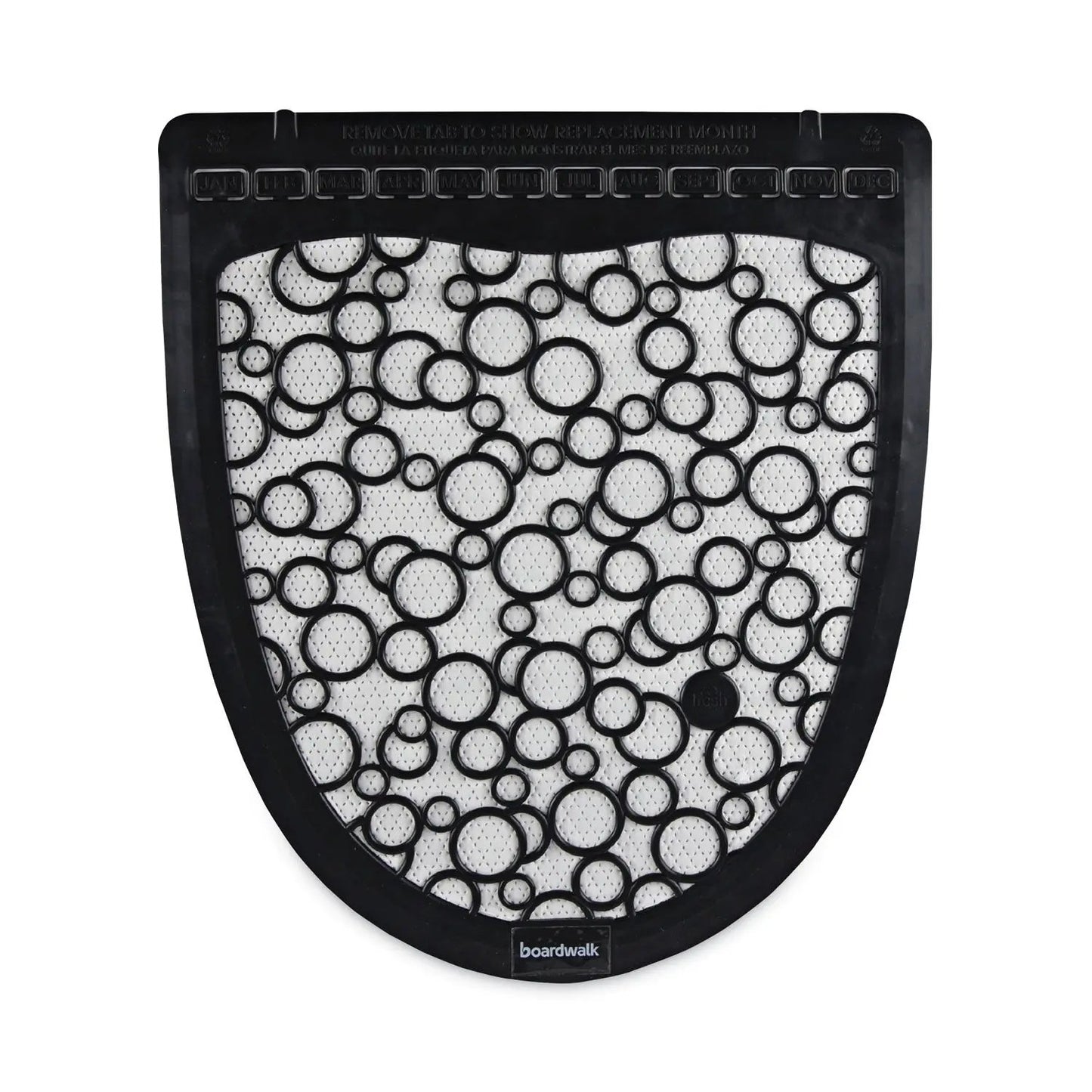 BWKUMBW Disposable Urinal Floor Mat 2.0, Shield-Shaped, Black/White Slip-Resistant Surface, 17.5" x 20", 6/Carton Boardwalk