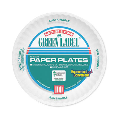 AJMPP6GRAWH Green Label Coated Paper Plates, 6" dia, White, 100/Pack, 12 Packs/Carton