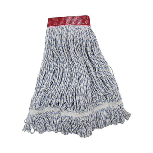 BWK553 Floor Finish Mop Head, Wide, Rayon/Polyester, Large, White/Blue Stripes, 12/Carton