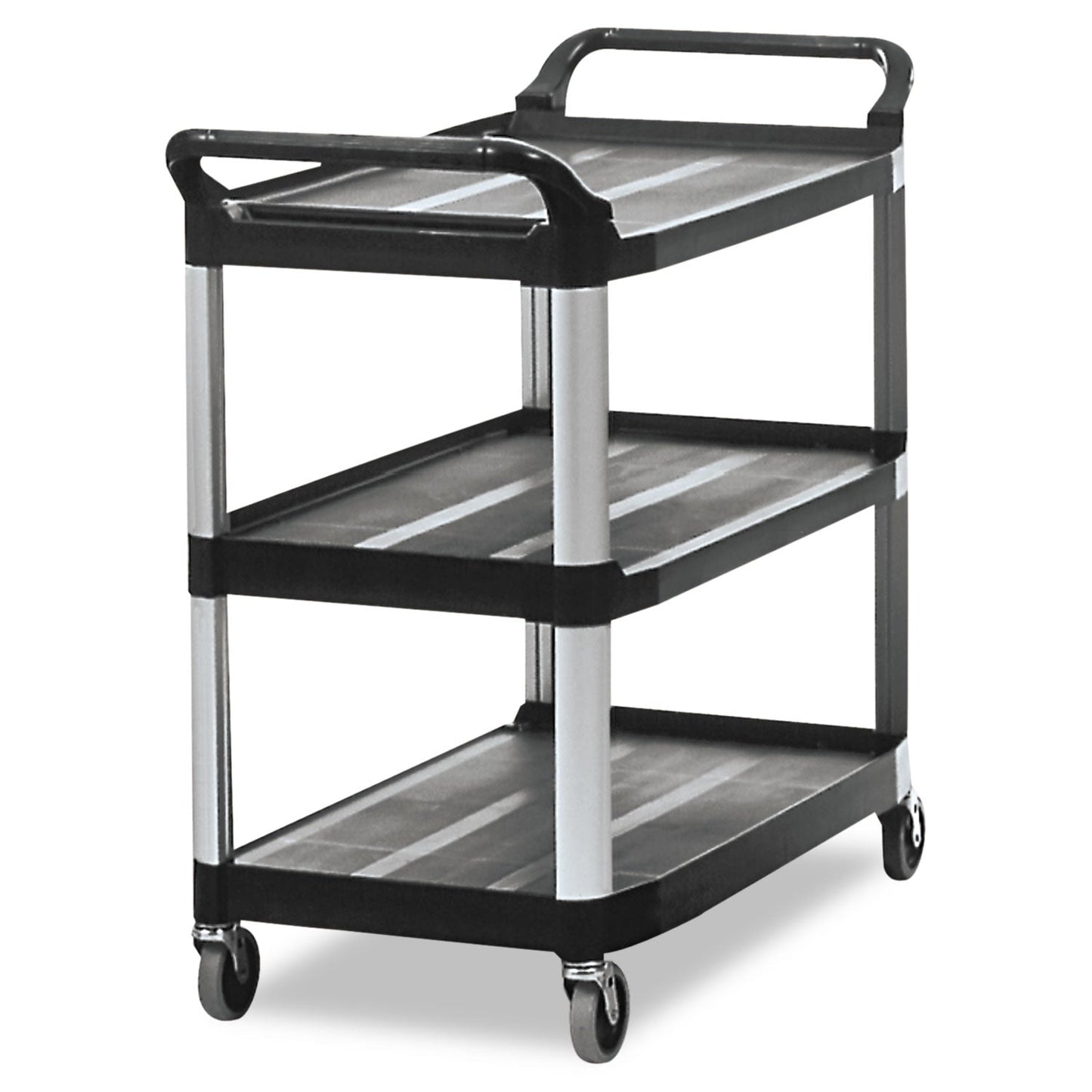 RCP409100BLA Xtra Utility Cart with Open Sides, Plastic, 3 Shelves, 300 lb Capacity, 40.63" x 20" x 37.81", Black RUBBERMAID COMMERCIAL PROD.