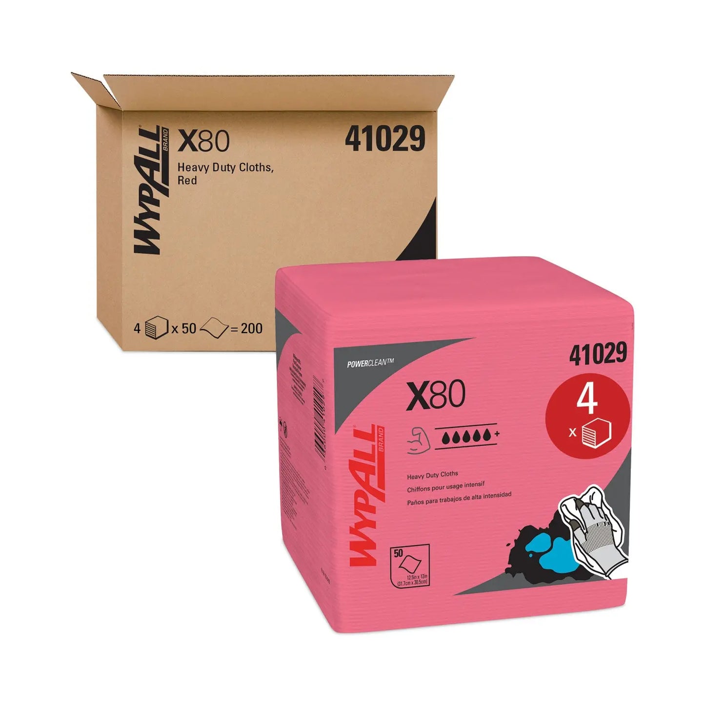 KCC41029 Power Clean X80 Heavy Duty Cloths, 12.5 x 12, Red, 50/Box, 4 Boxes/Carton WypAll