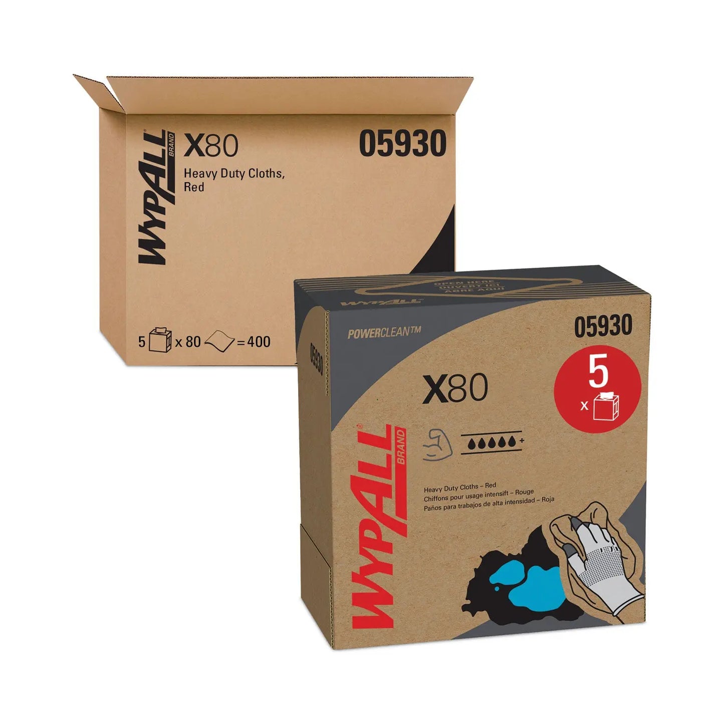 KCC05930 Power Clean X80 Heavy Duty Cloths, HYDROKNIT, POP-UP Box, 8.34 x 16.8, Red, 76/Box, 5 Box/Carton WypAll