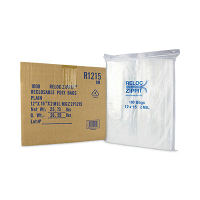 MGPMGZ2P1215 Zippit Resealable Bags, 2 mil, 12 x 15, Clear, 100 Bags/Pack, 10 Packs/Carton