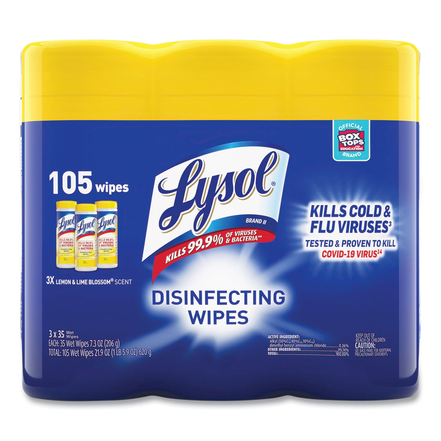 RAC82159PK Disinfecting Wipes, 1-Ply, 7 x 7.25, Lemon and Lime Blossom, White, 35 Wipes/Canister, 3 Canisters/Pack LYSOL Brand