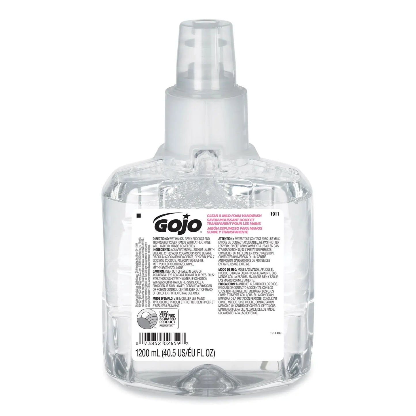 GOJ191102EA Clear and Mild Foam Handwash Refill, For LTX-12 Dispenser, Fragrance-Free, 1,200 mL GOJO