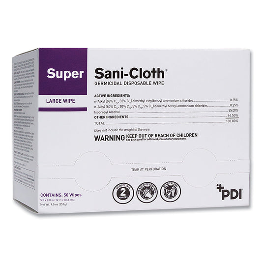 PDIH04082 Super Sani-Cloth Individually Wrapped Germicidal Disposable Wipes, Large, 1-Ply, 5 X 8, Unscented, White, 50/pack