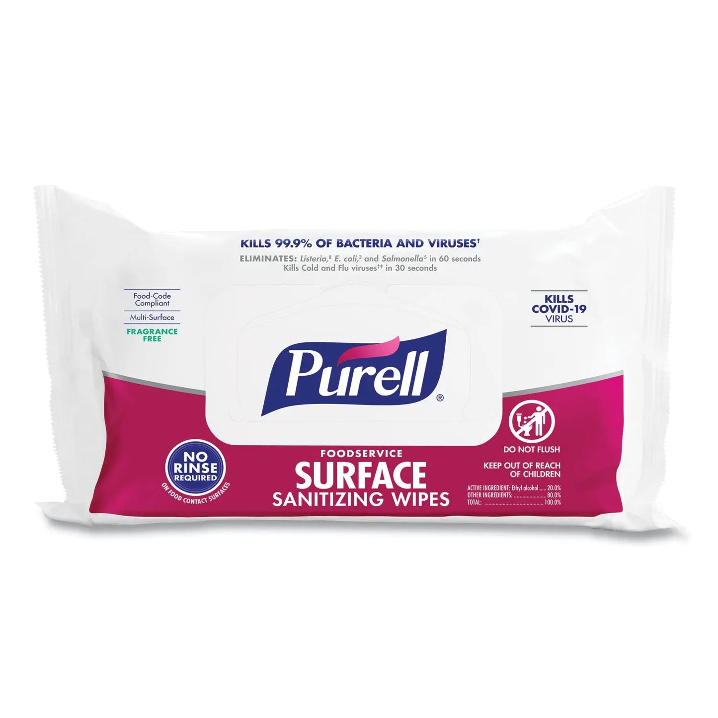 GOJ937112CT Foodservice Surface Sanitizing Wipes, 1-Ply, 7.4 X 9, Fragrance-Free, White, 72/pouch, 12 Pouches/carton PURELL