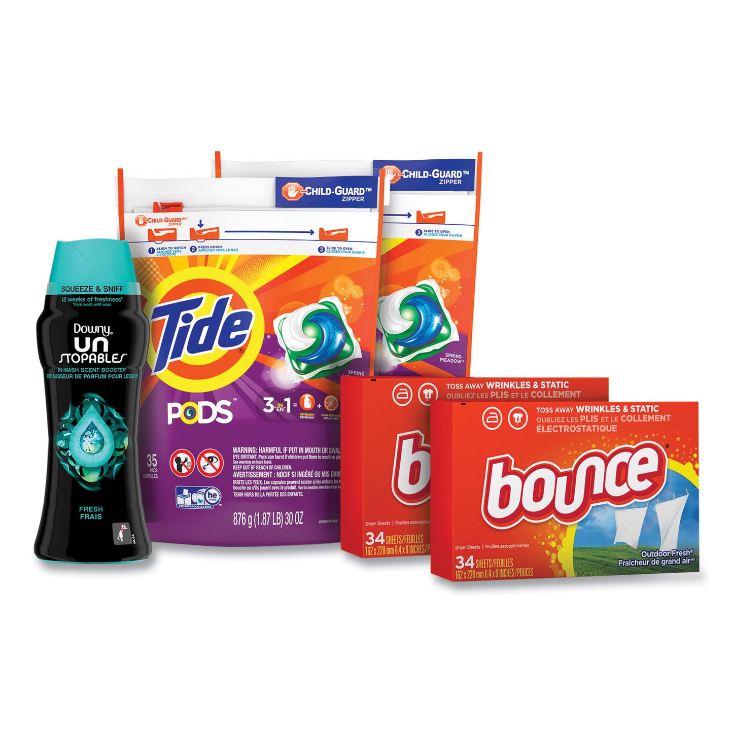 PGC12777 Better Together Laundry Care Bundle, (2) Bags Tide Pods, (2) Boxes Bounce Dryer Sheets, (1) Bottle Downy Unstopables Tide