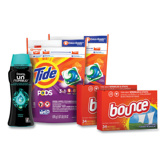 PGC12777 Better Together Laundry Care Bundle, (2) Bags Tide Pods, (2) Boxes Bounce Dryer Sheets, (1) Bottle Downy Unstopables
