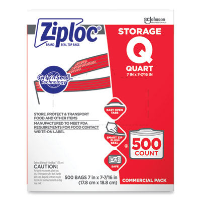 SJN364899 Double Zipper Storage Bags, Quart, 7" x 7.75", Clear, 500/Box SC JOHNSON