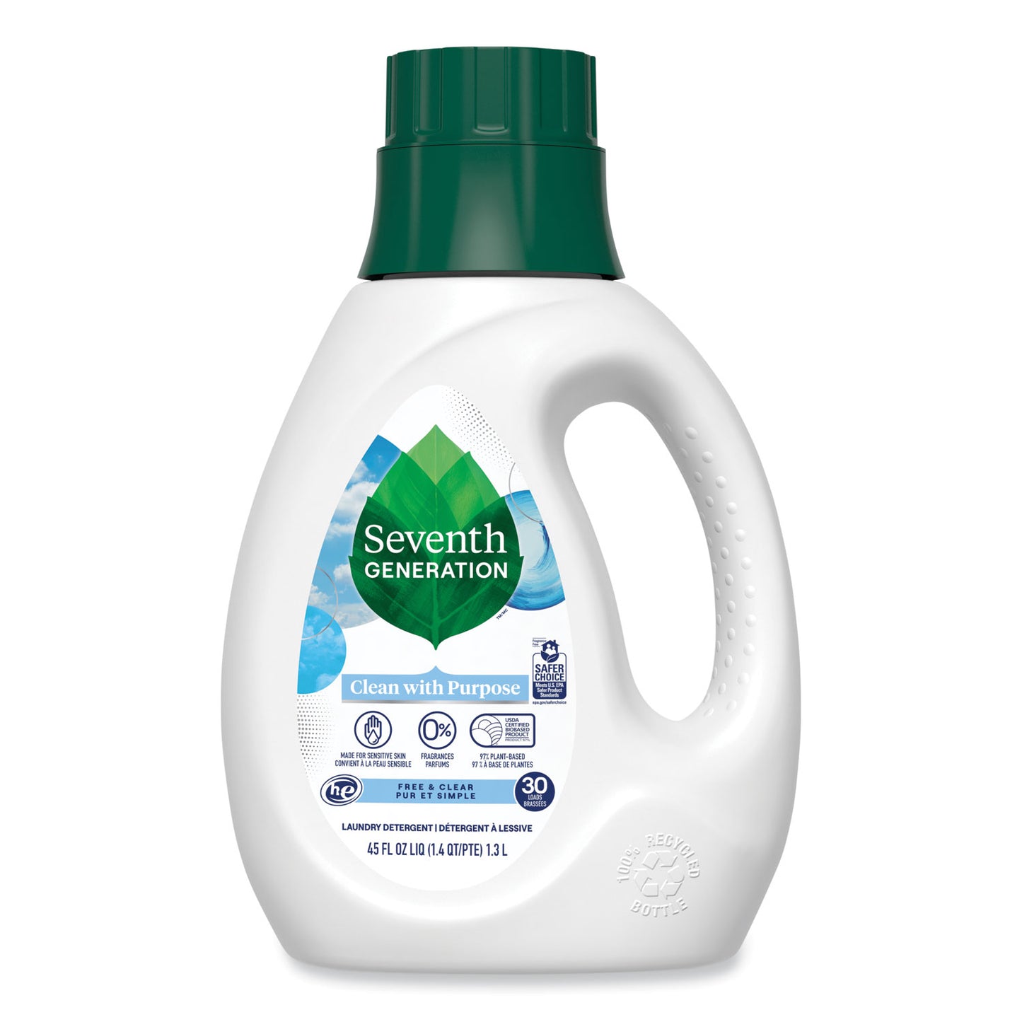 SEV45066CT Natural Liquid Laundry Detergent, Fragrance Free, 45 oz Bottle, 6/Carton
