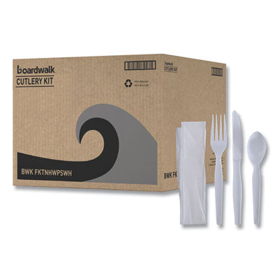 BWKFKTNHWPSWH Four-Piece Cutlery Kit, Heavyweight, Fork/Knife/Napkin/Spoon, Plastic, White, 250/Carton BOARDWALK