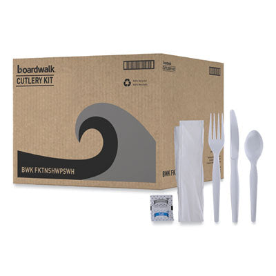 BWKFKTNSHWPSWH Six-Piece Cutlery Kit, Heavyweight, Fork/Knife/Napkin/Pepper/Salt/Spoon, Plastic, White, 250/Carton BOARDWALK