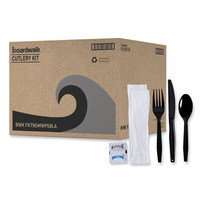 BWKFKTNSMWPSBLA Six-Piece Cutlery Kit, Mediumweight, Fork/Knife/Napkin/Pepper/Salt/Spoon, Plastic, Black, 250/Carton BOARDWALK