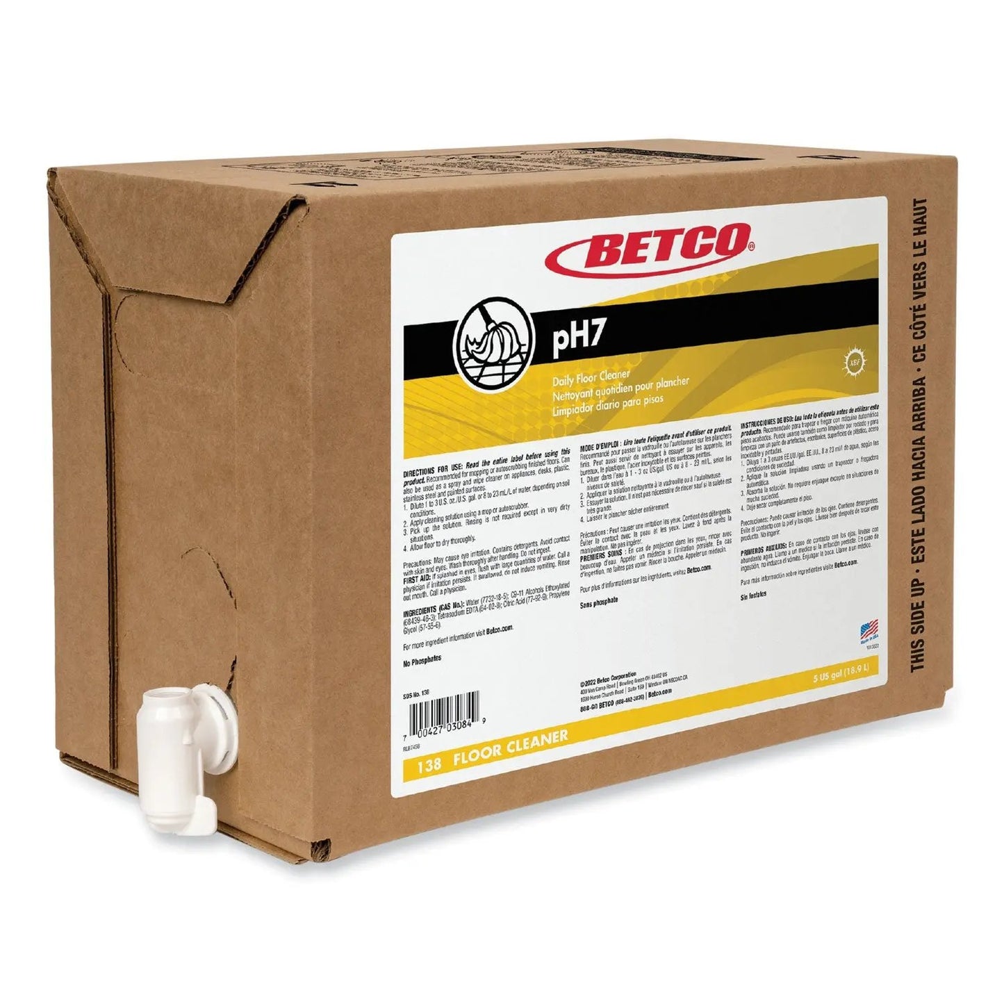BET138B500 pH7 Floor Cleaner, Lemon Scent, 5 gal Bag-in-Box Betco