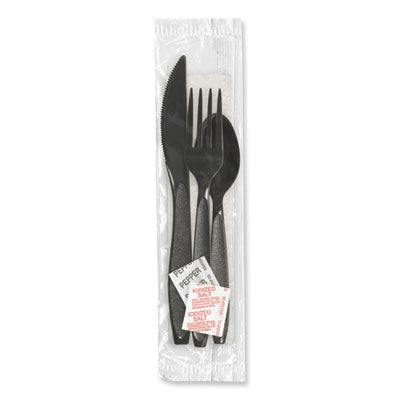 SCCHSK8Y Impress Heavyweight Full-Length Polystyrene Cutlery Kit, Fork/Knife/Napkin/Pepper/Salt/Spoon, Plastic, Black, 750/Carton