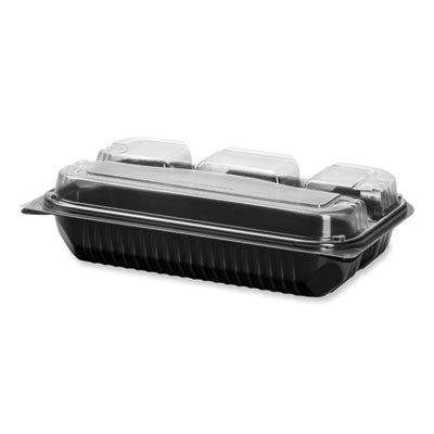 SCC919020PM94 Creative Carryouts Hinged Plastic Hot Deli Boxes, 4 Compartments, 8.05 x 11.5 x 2.95, Black/Clear, 100/Carton