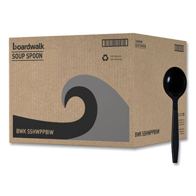 BWKSSHWPPBIW Heavyweight Wrapped Polypropylene Cutlery, Soup Spoon, Plastic, Black, 1,000/Carton BOARDWALK