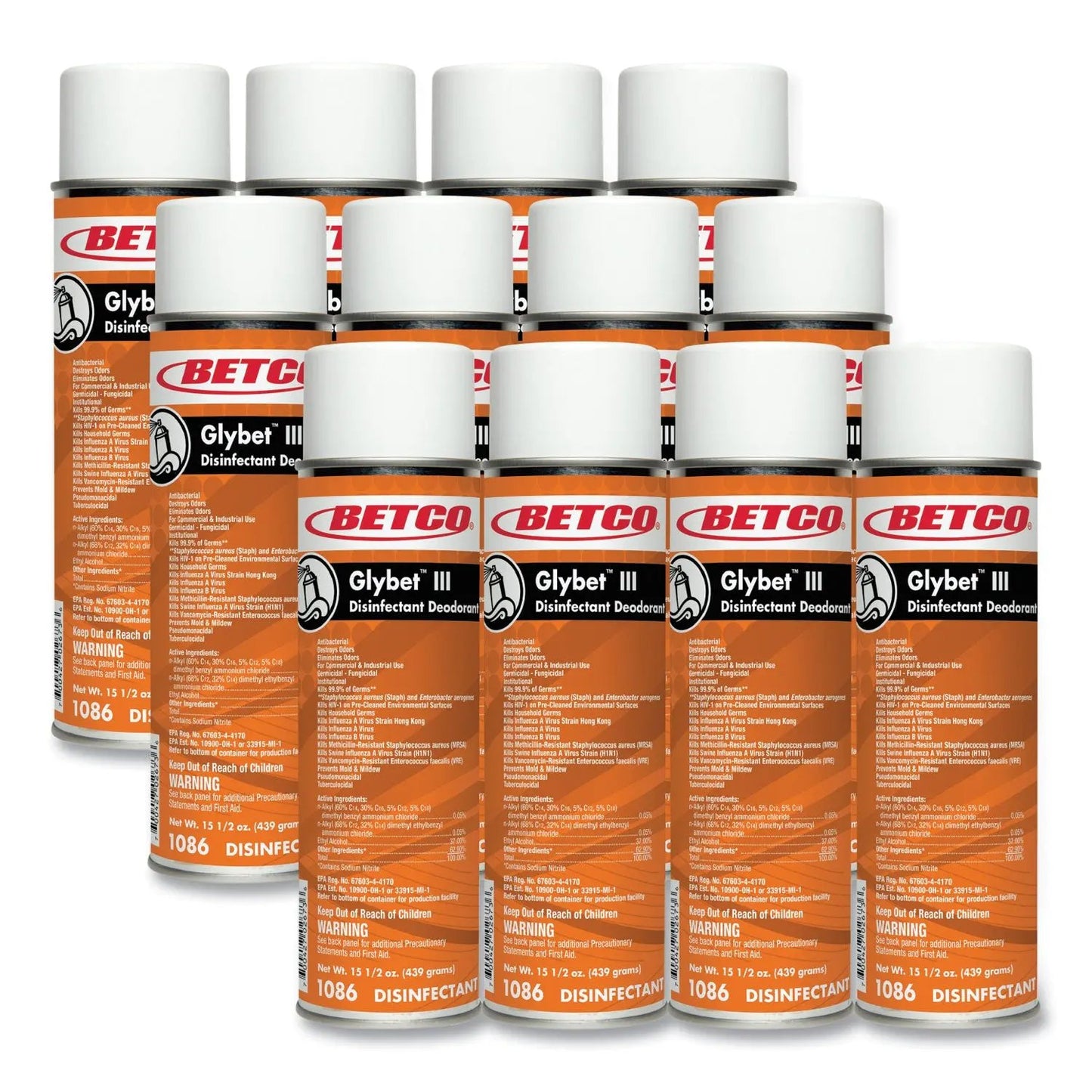 BET10862300 Glybet III Disinfectant, Citrus Bouquet Scent, 15.5 oz Aerosol Spray, 12/Carton Betco