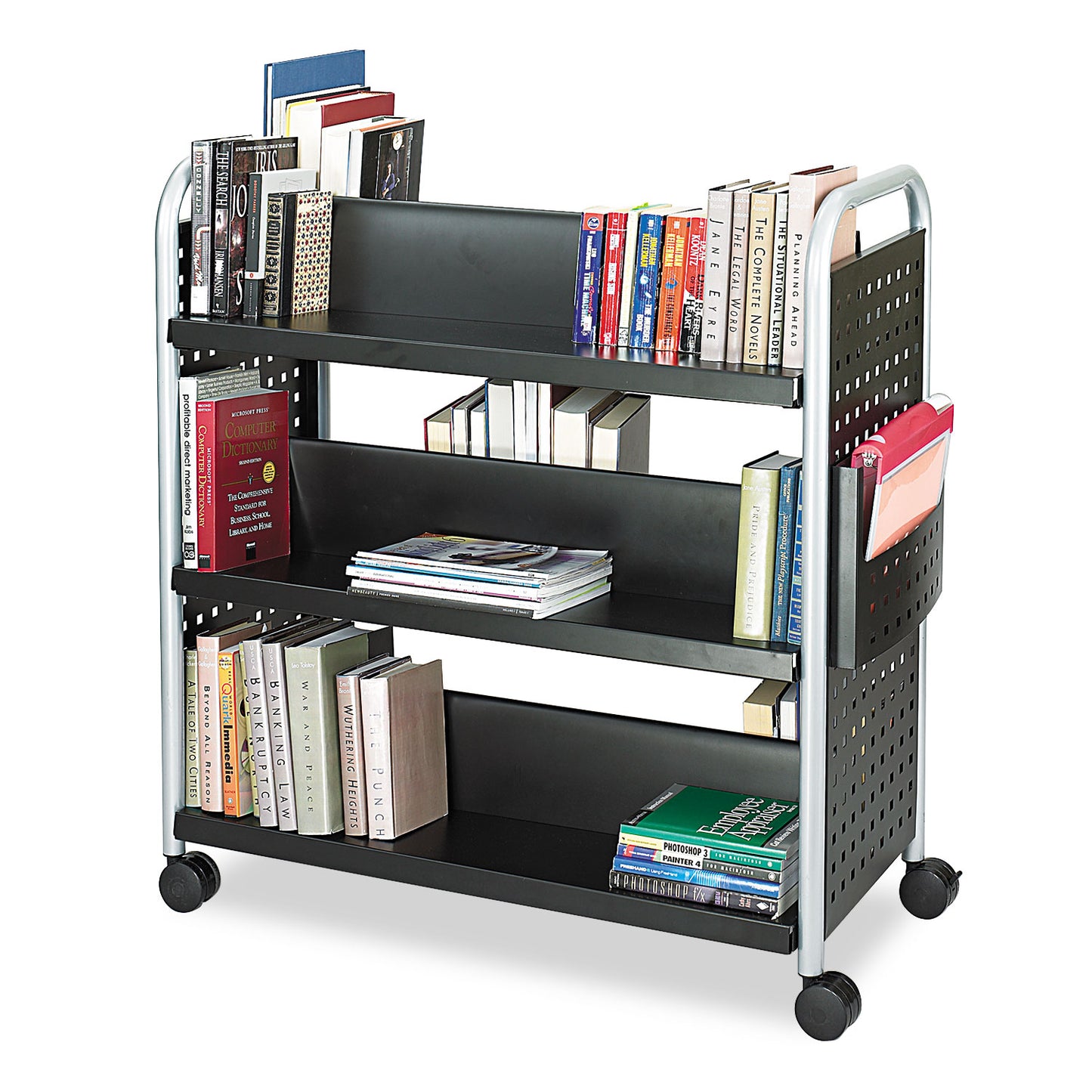 SAF5335BL Scoot Double-Sided Book Cart, Metal, 6 Shelves, 1 Bin, 41.25" x 17.75" x 41.25", Black