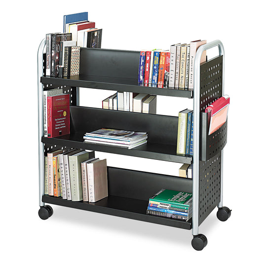 SAF5335BL Scoot Double-Sided Book Cart, Metal, 6 Shelves, 1 Bin, 41.25" x 17.75" x 41.25", Black