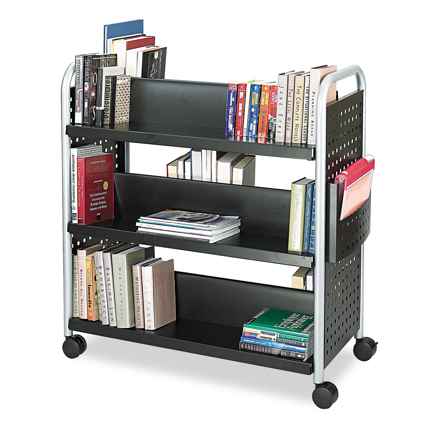 SAF5335BL Scoot Double-Sided Book Cart, Metal, 6 Shelves, 1 Bin, 41.25" x 17.75" x 41.25", Black Safco