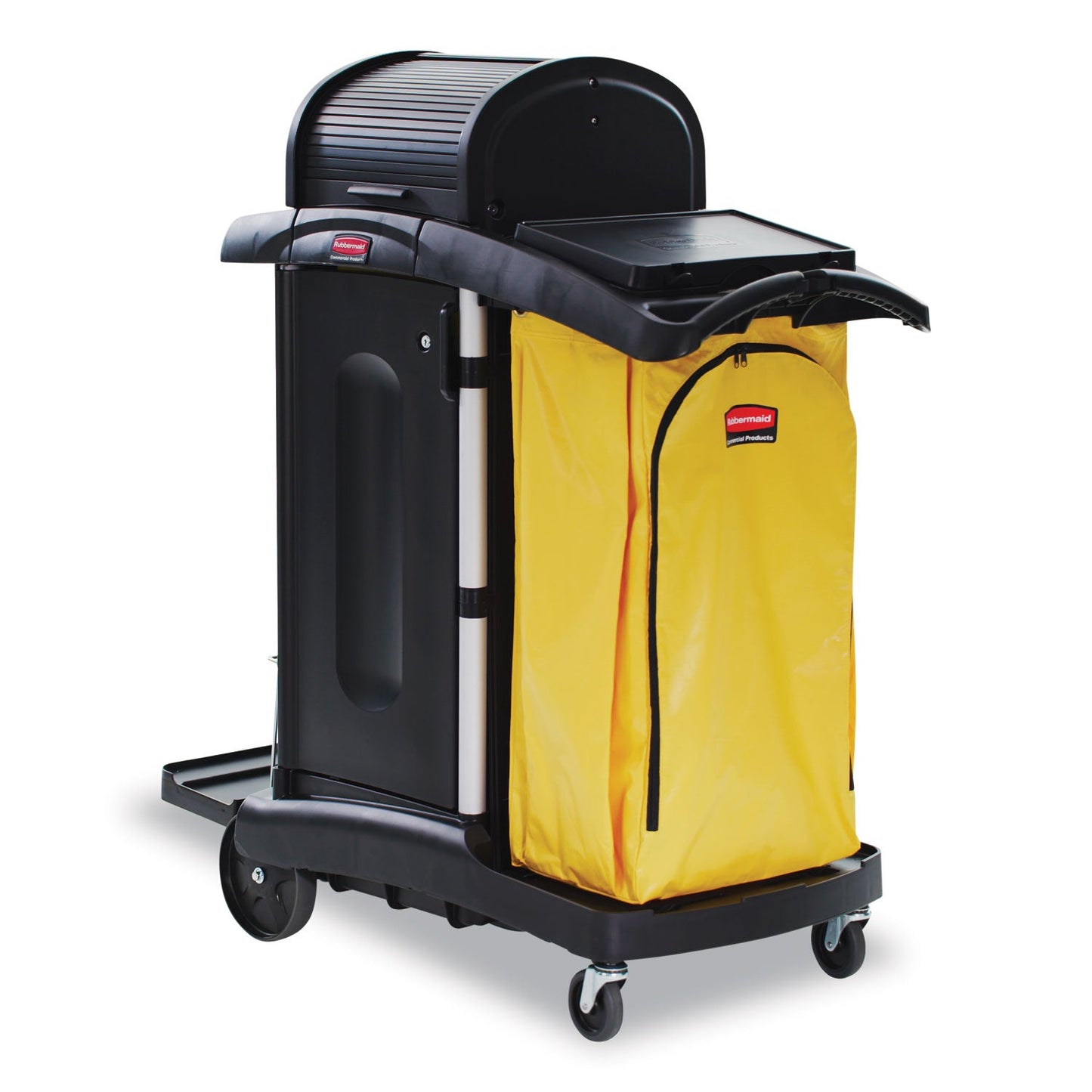RCP9T7500BK High-Security Healthcare Cleaning Cart, Metal, 4 Shelves, 1 Bin, 22" x 48.25" x 53.5", Black RUBBERMAID COMMERCIAL PROD.