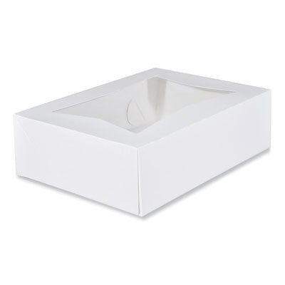 SCH24263 White Window Bakery Boxes with Attached Flip Top, 4-Corner Beers Design, 14 x 10 x 4, White, Paper, 100/Carton