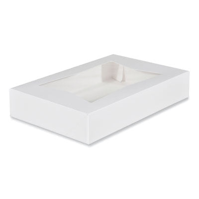 SCH24343 White Window Bakery Boxes with Attached Flip Top, 6-Corner Beers Design, 12 x 8 x 2.25, White, Paper, 200/Carton