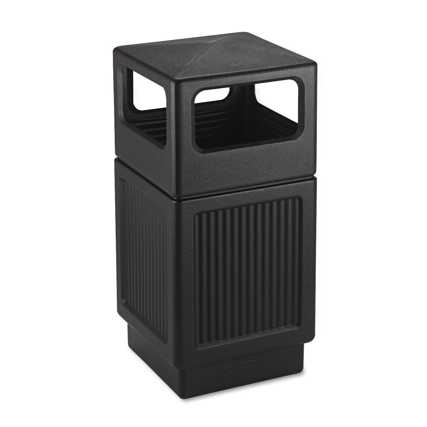 SAF9476BL Canmeleon Recessed Panel Receptacles, Side-Open, 38 gal, Polyethylene, Black Safco