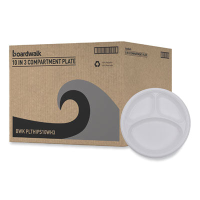 BWKPLTHIPS10WH3 Hi-Impact Plastic Dinnerware, 3-Compartment Plate, 10" dia, White, 500/Carton BOARDWALK