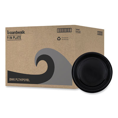 BWKPLTHIPS9BL Hi-Impact Plastic Dinnerware, Plate, 9" Dia, Black, 500/carton BOARDWALK