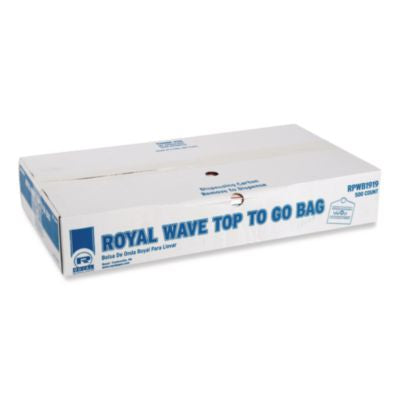 RPPRPWB1919 Wave Top To-Go Bags, Take-Out Labeling, Cut-Out Handles, 19" x 9.5" x 19", White/Blue/Red, 500/Carton AMERCAREROYAL