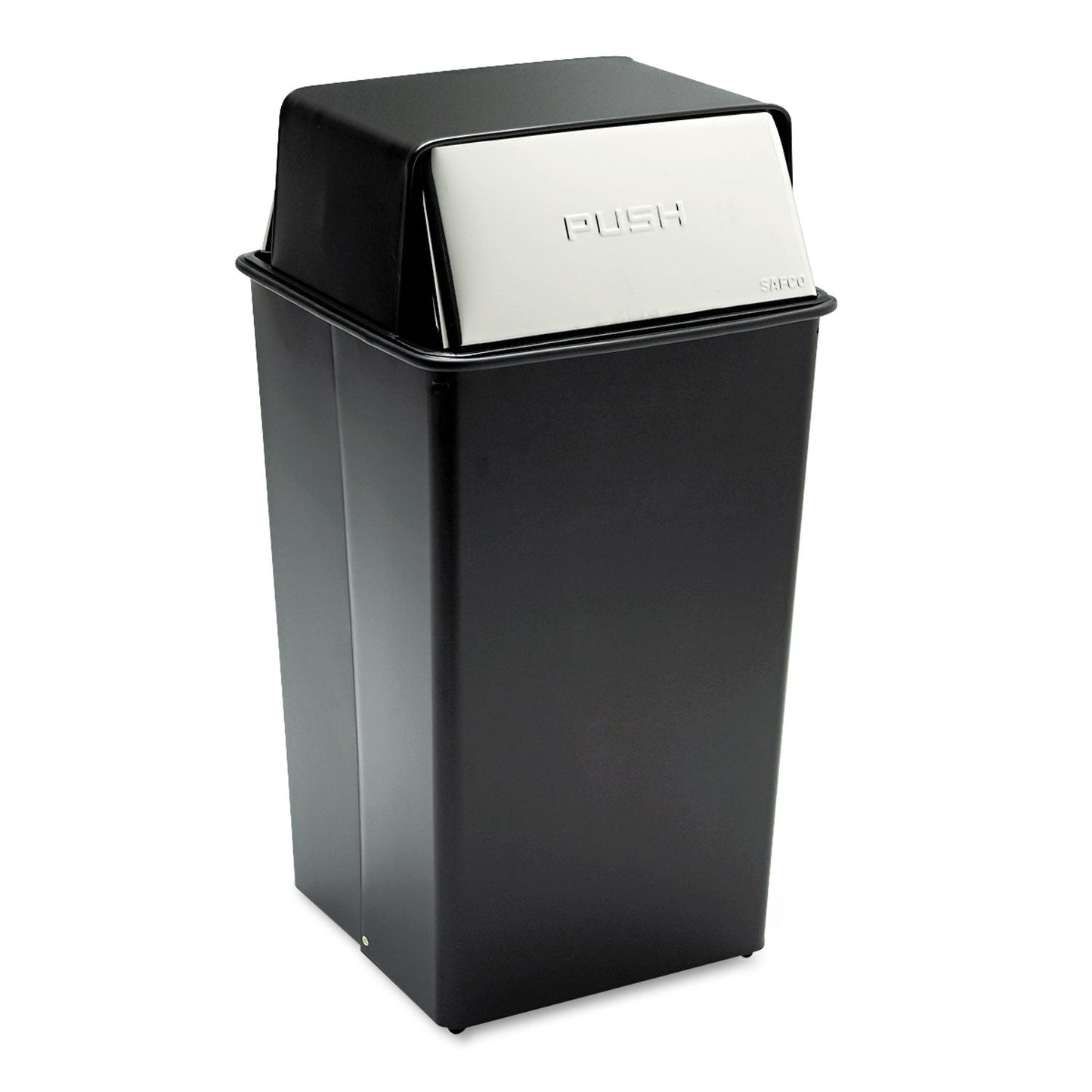 SAF9895 Reflections Push Top Square Receptacle, 36 gal, Steel, Black/Chrome Safco