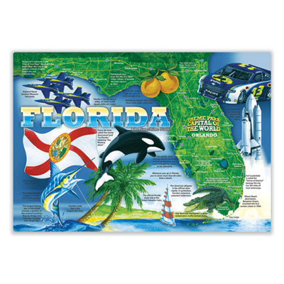 HFM311110 Placemats, Culture and Geography of Florida, Smooth Surface, Straight Edges, 14" x 10", Blue/Green/Orange, 1,000/Carton