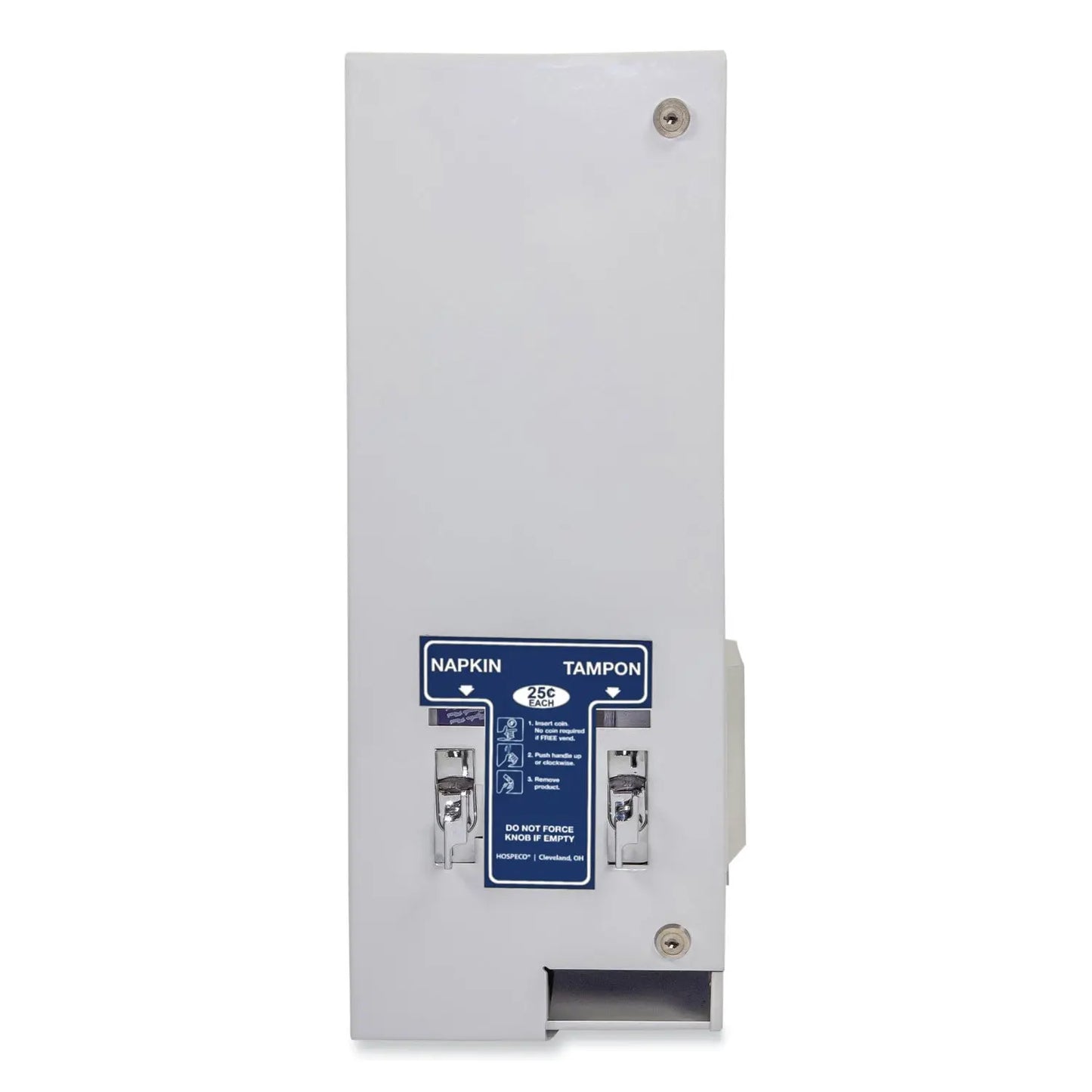 HOS125 Dual Channel Sanitary Napkin/Tampon Vendor, 25 Cent Coin Mechanism, 11.13 x 7.63 x 26.38, White/Blue HOSPECO