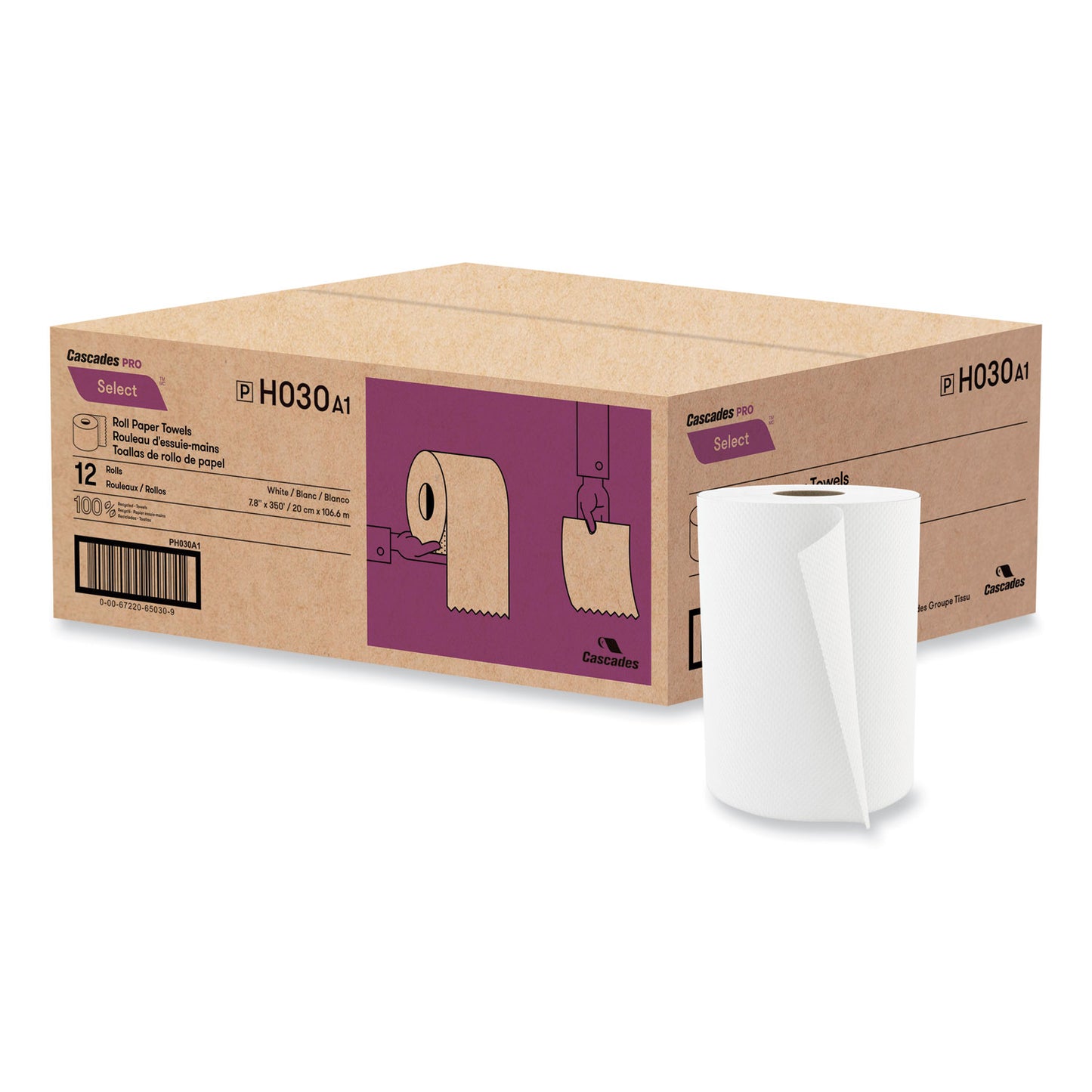 CSDH030 Select Roll Paper Towels, 1-Ply, 7.88" x 350ft, White, 12 Rolls/Carton