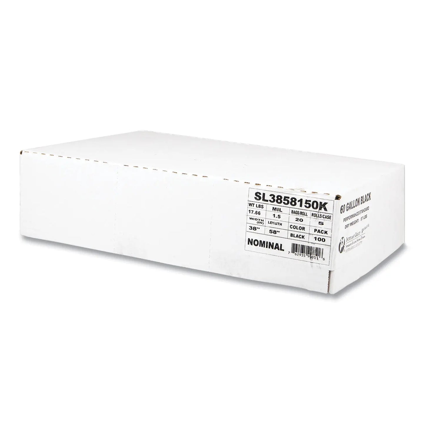 IBSSL3858150K Low-Density Commercial Can Liners, 60 gal, 1.5 mil, 38" x 58", Black, Interleaved Roll, 20 Bags/Roll, 5 Rolls/Carton Inteplast Group
