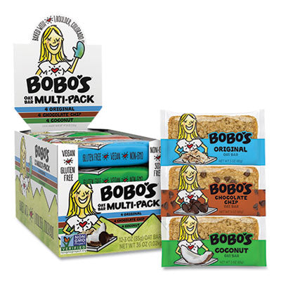 BBO00098 Oat Bar Coconut/Chocolate Chip/Original Multipack, 3 oz Individually Wrapped, 12/Box BOBO'S