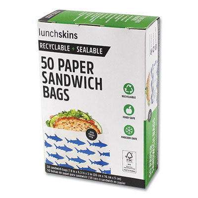 LCH854735005904 Peel and Seal Sandwich Bag with Closure Strip, 6.3" x 2" x 7.9", Blue Sharks/White, 50/Box 3GREENMOMS, LLC