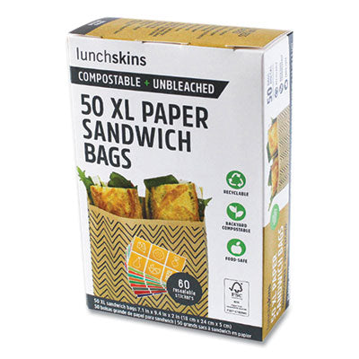 LCH860000586764 XL Sandwich Bag with Resealable Stickers, 7.1" x 2" x 9.1", Black Stripes/Natural Kraft, 50/Box