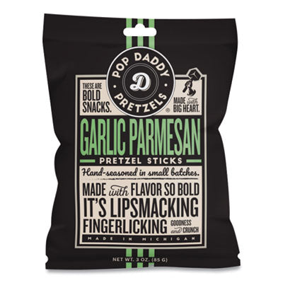 POY00557 Garlic Parmesan Pretzel Sticks, 3 oz Bag, 15/Carton POP DADDY SNACKS