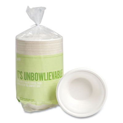 PRK61285 PFAS-Free Compostable Bagasse Bowls, Sugarcane, 12 oz, White, 125/Pack PERK